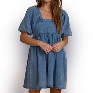 Rylee + Cru Denim Square Neck Baby Doll Mini Dress S